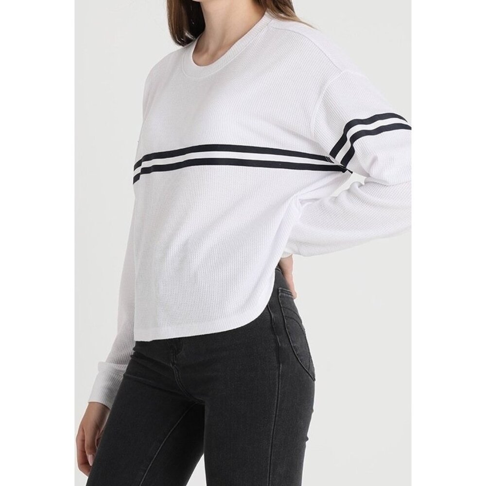 Women's White Long Sleeve Waffle Knit Top with Black Stripe